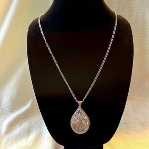 Silver-Tone Long Necklace with Large Oval Detachable Perforated Pendant